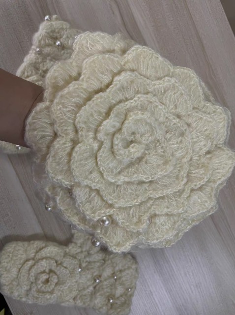 customized Cream Crochet Flower Pearl Hat and Mitten Set