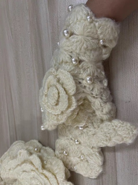 customized Cream Crochet Flower Pearl Hat and Mitten Set