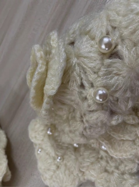 customized Cream Crochet Flower Pearl Hat and Mitten Set