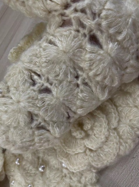 customized Cream Crochet Flower Pearl Hat and Mitten Set