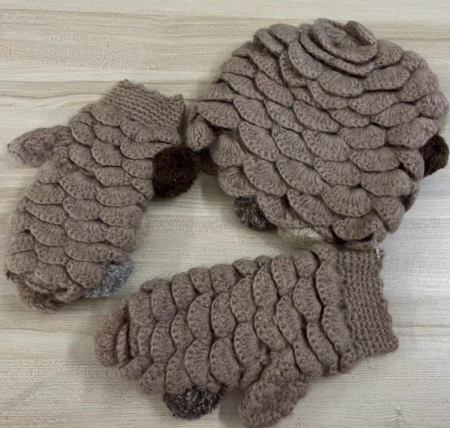 Made-to-order Taupe Crochet Crocodile Stitch Hat and Mitten Set