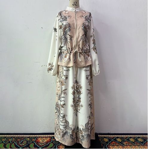 Personalized Women’s Ivory Floral Print Drawstring Blouse & Wide-Leg Pants Set
