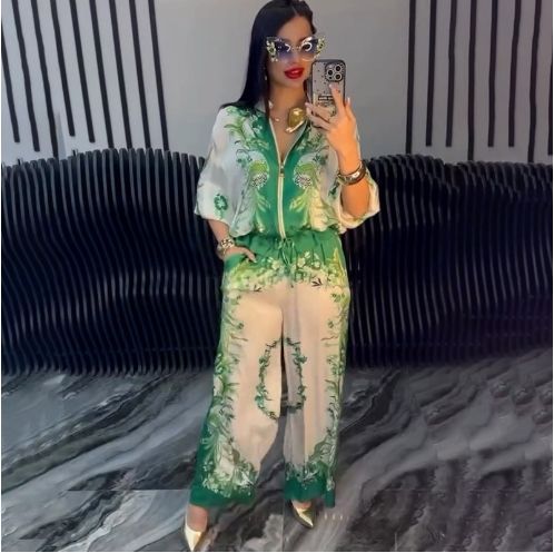 Personalized Women’s Ivory Floral Print Drawstring Blouse & Wide-Leg Pants Set