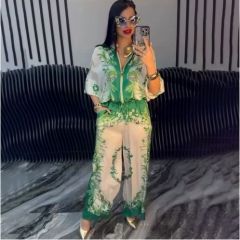 Personalized Women’s Ivory Floral Print Drawstring Blouse & Wide-Leg Pants Set