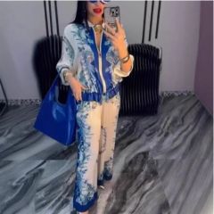 Personalized Women’s Ivory Floral Print Drawstring Blouse & Wide-Leg Pants Set