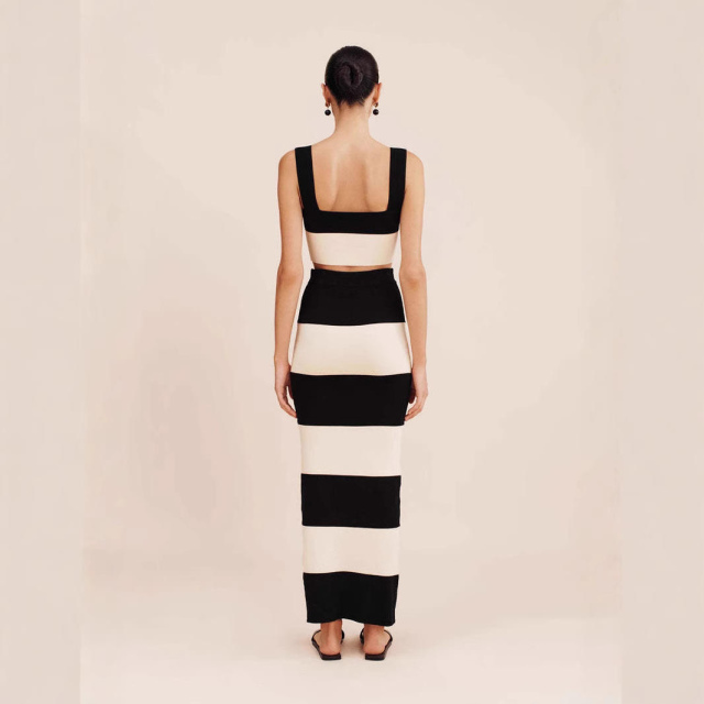 Personalized Women’s Black and Ivory Stripe Knit Crop Top & Maxi Skirt Set