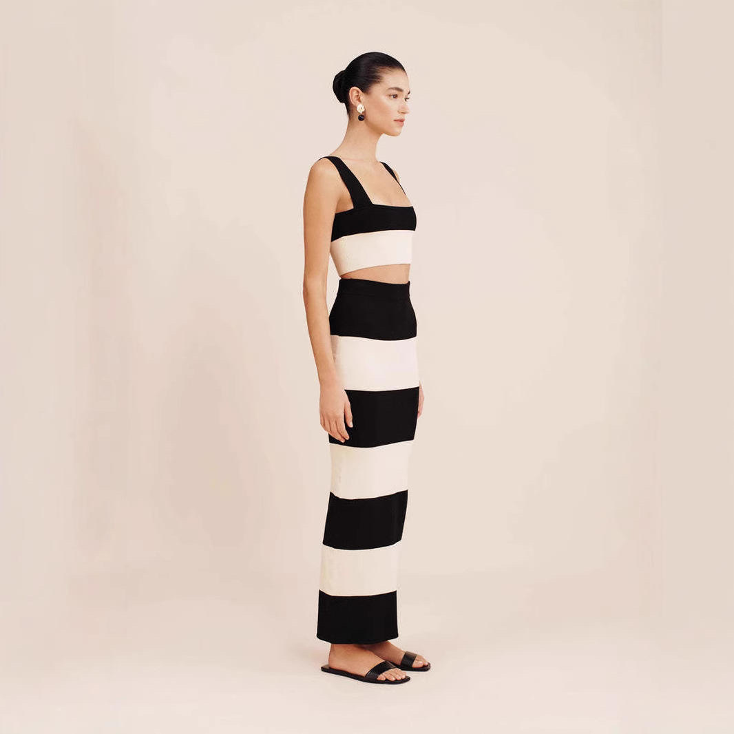Personalized Women’s Black and Ivory Stripe Knit Crop Top & Maxi Skirt Set