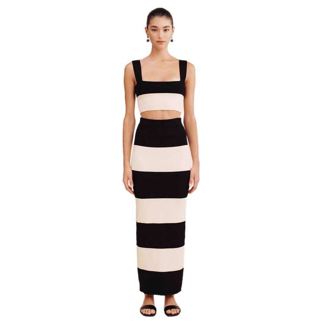 Personalized Women’s Black and Ivory Stripe Knit Crop Top & Maxi Skirt Set