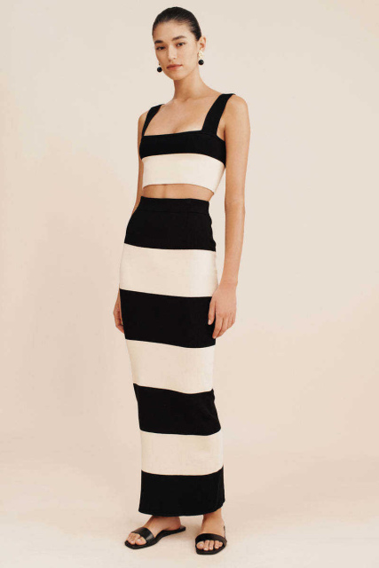 Personalized Women’s Black and Ivory Stripe Knit Crop Top & Maxi Skirt Set