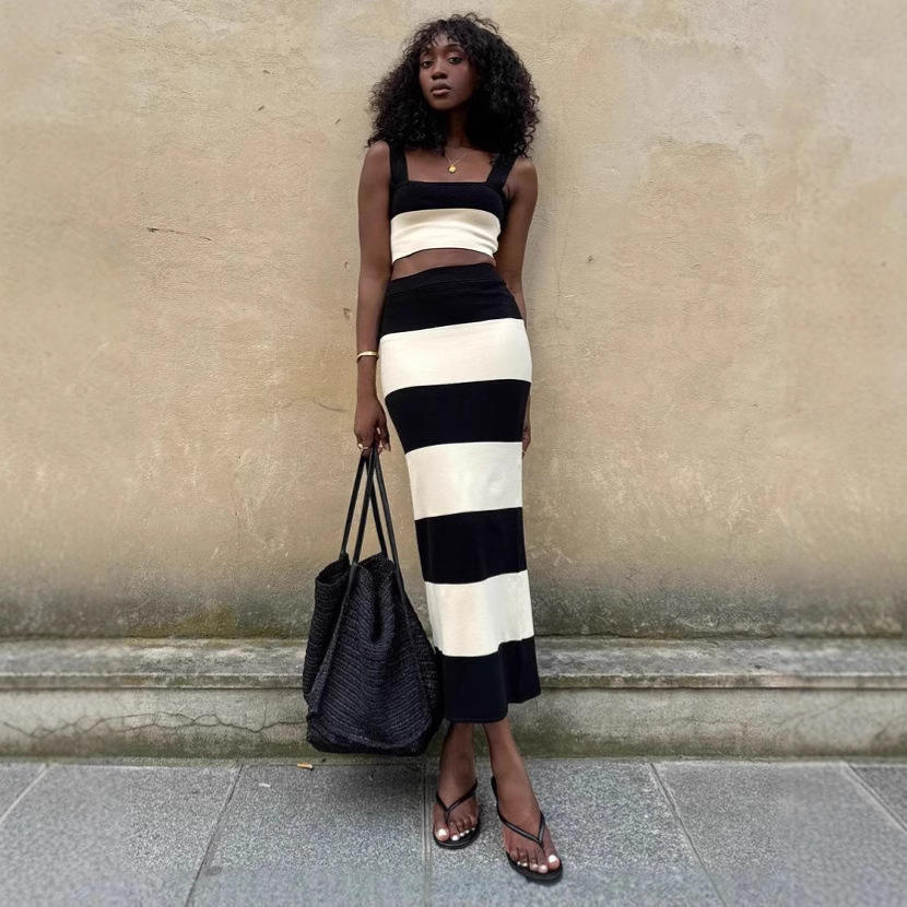 Personalized Women’s Black and Ivory Stripe Knit Crop Top & Maxi Skirt Set