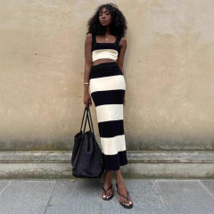 Personalized Women’s Black and Ivory Stripe Knit Crop Top & Maxi Skirt Set