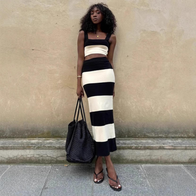 Personalized Women’s Black and Ivory Stripe Knit Crop Top & Maxi Skirt Set