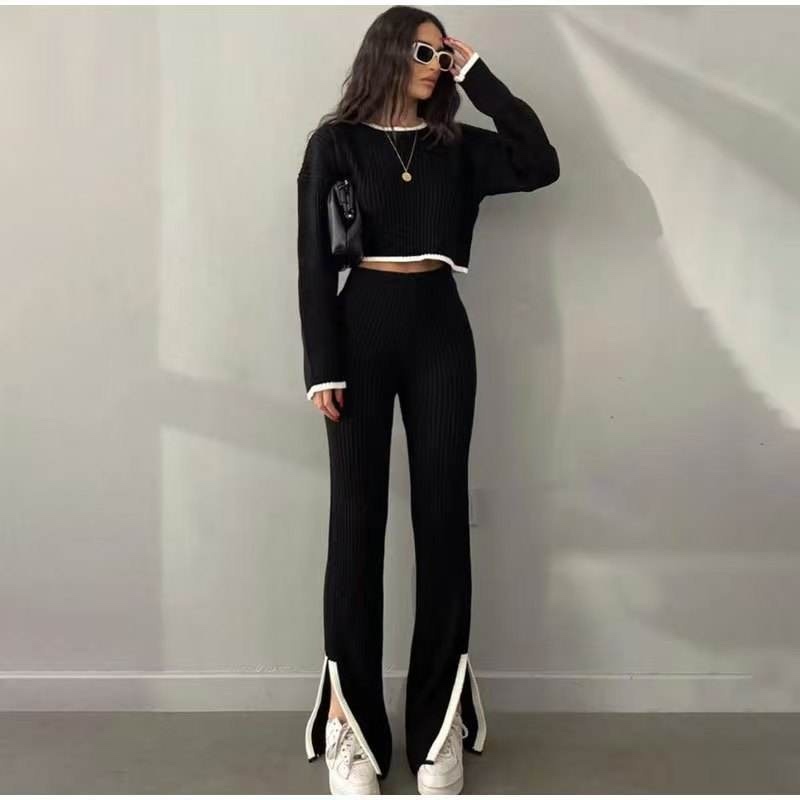 Personalized Women’s Orange Ribbed Knit Crop Sweater & Flared Pants Set