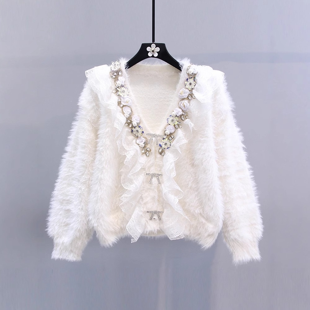 Personalized Women’s White Faux Fur Beaded Lace Ruffle Cardigan Jacket