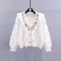 Personalized Women’s White Faux Fur Beaded Lace Ruffle Cardigan Jacket