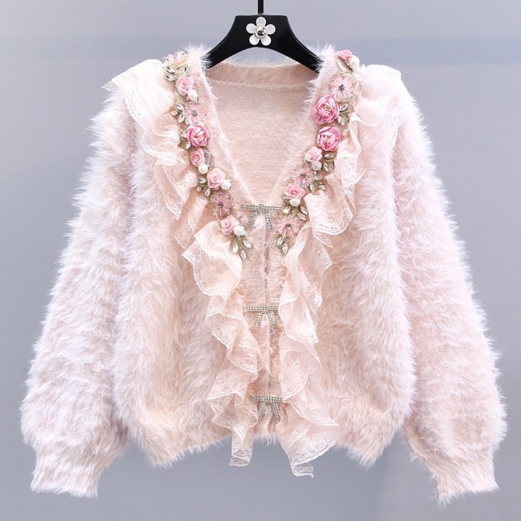 Personalized Women’s White Faux Fur Beaded Lace Ruffle Cardigan Jacket