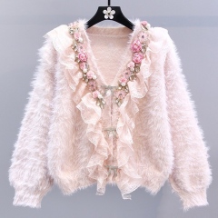 Personalized Women’s White Faux Fur Beaded Lace Ruffle Cardigan Jacket