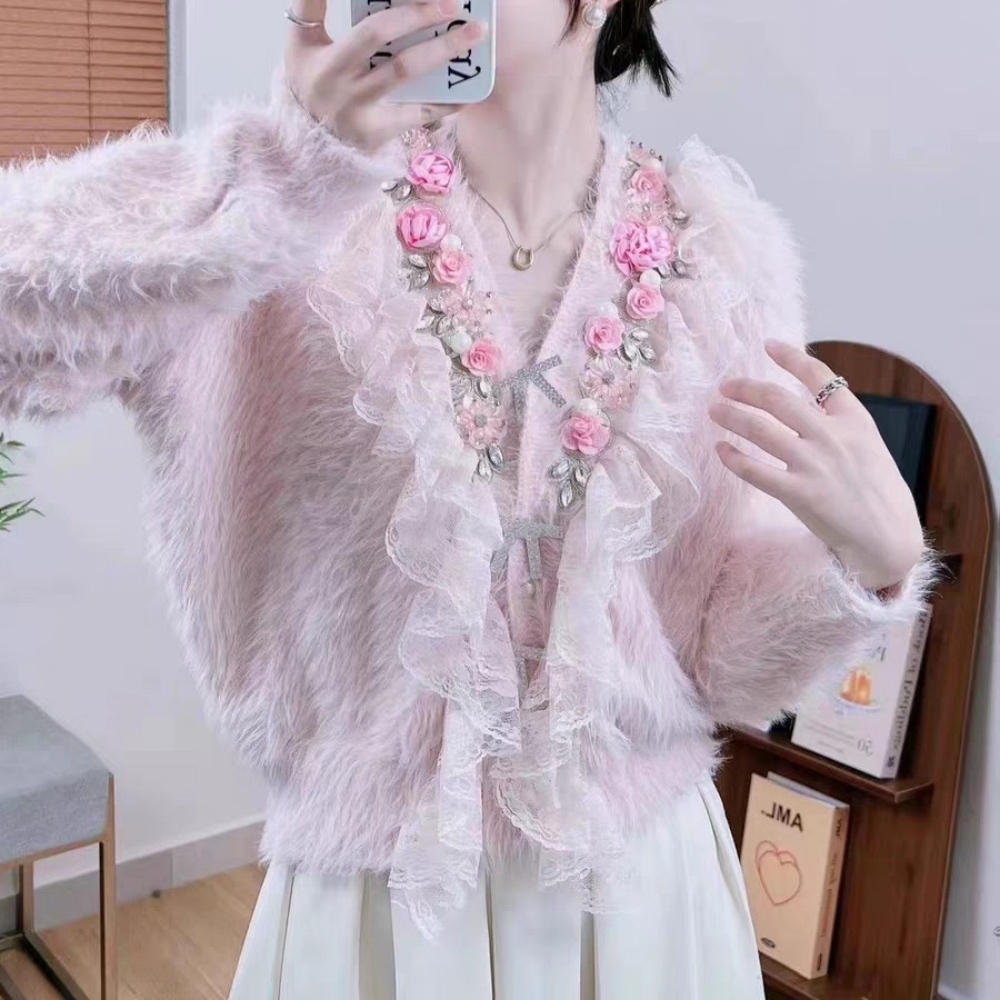 Personalized Women’s White Faux Fur Beaded Lace Ruffle Cardigan Jacket