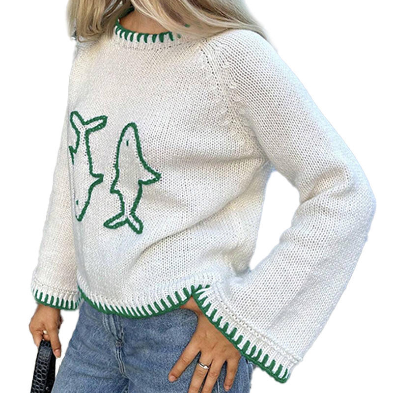 Wholesale White Green Contrast Stitch Dolphin Knit Sweater