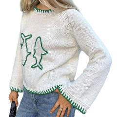 Wholesale White Green Contrast Stitch Dolphin Knit Sweater