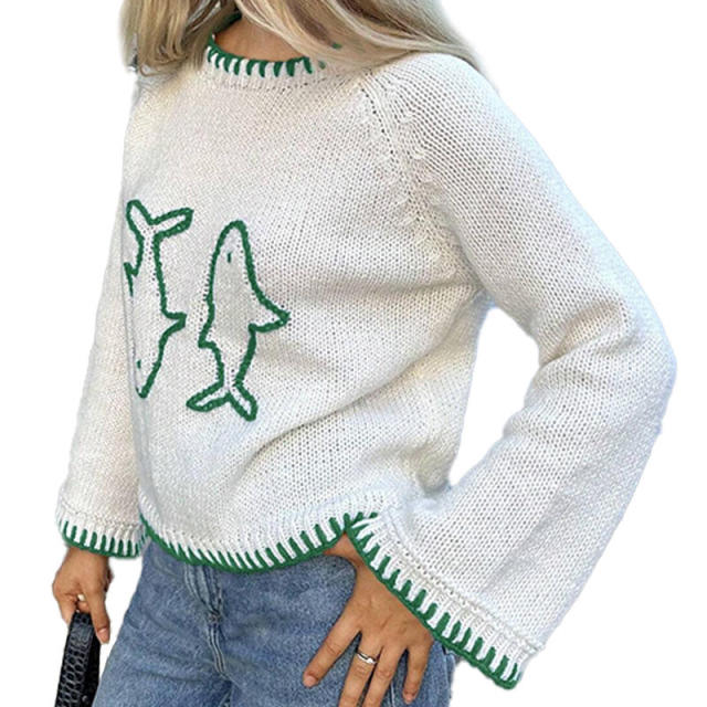 Wholesale White Green Contrast Stitch Dolphin Knit Sweater