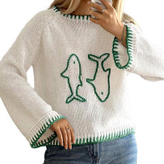 Wholesale White Green Contrast Stitch Dolphin Knit Sweater