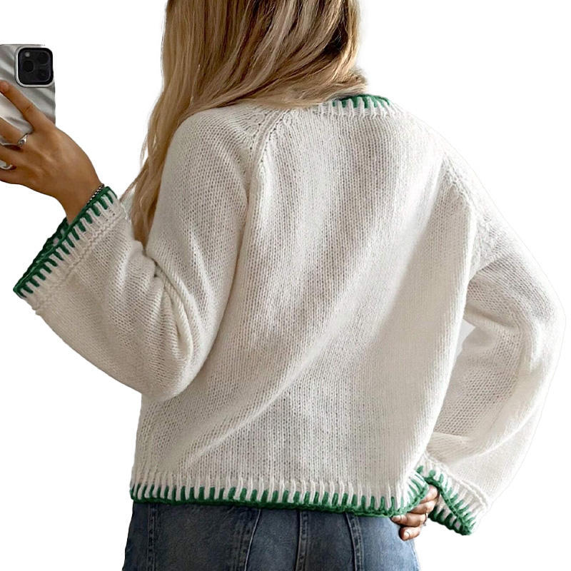Wholesale White Green Contrast Stitch Dolphin Knit Sweater