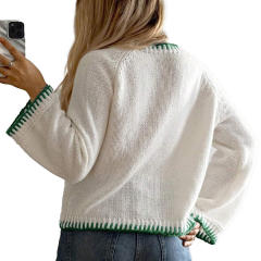 Wholesale White Green Contrast Stitch Dolphin Knit Sweater