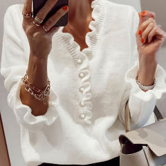 customized White Ruffle Trim Pearl Button Blouse
