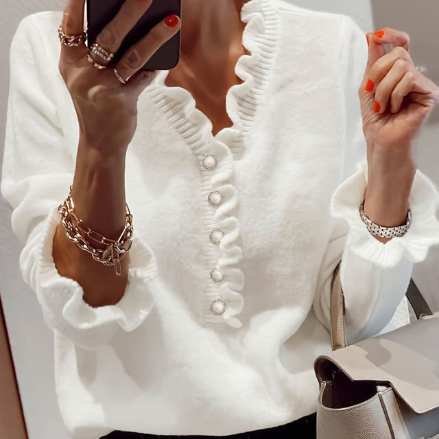 customized White Ruffle Trim Pearl Button Blouse