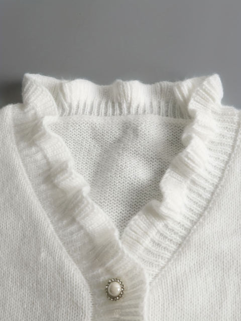 customized White Ruffle Trim Pearl Button Blouse