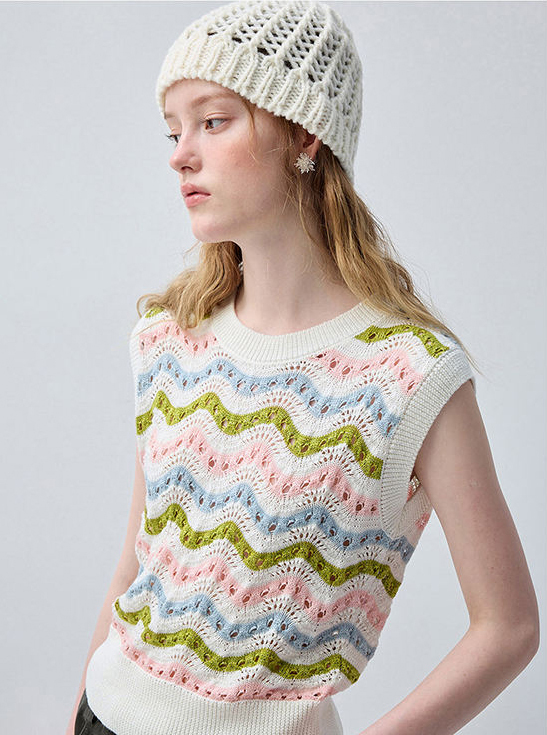 Factory Direct Pastel Wave Crochet Knit Sleeveless Sweater Vest