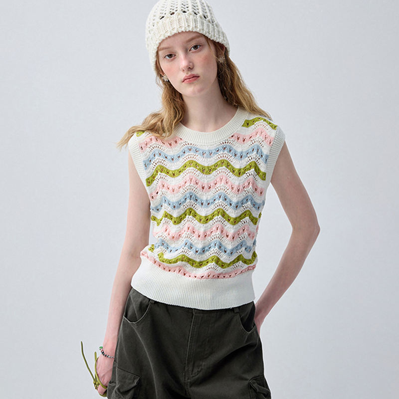 Factory Direct Pastel Wave Crochet Knit Sleeveless Sweater Vest