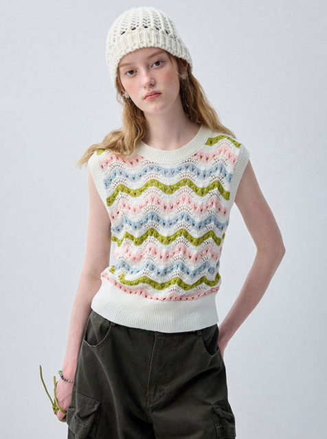 Factory Direct Pastel Wave Crochet Knit Sleeveless Sweater Vest