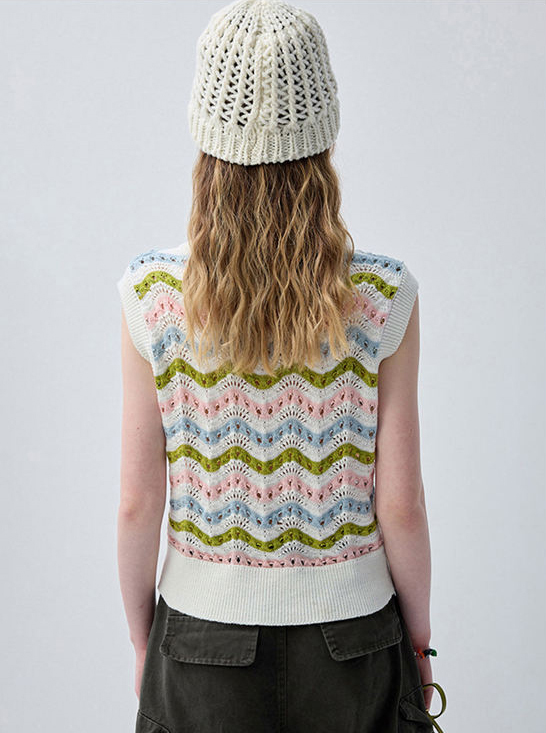 Factory Direct Pastel Wave Crochet Knit Sleeveless Sweater Vest