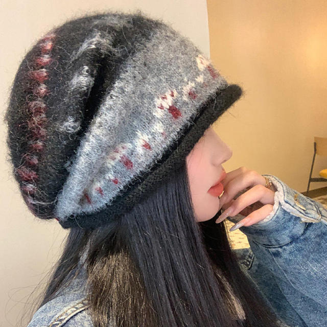 Personalized Gray Black Fuzzy Knit Slouchy Beanie Hat