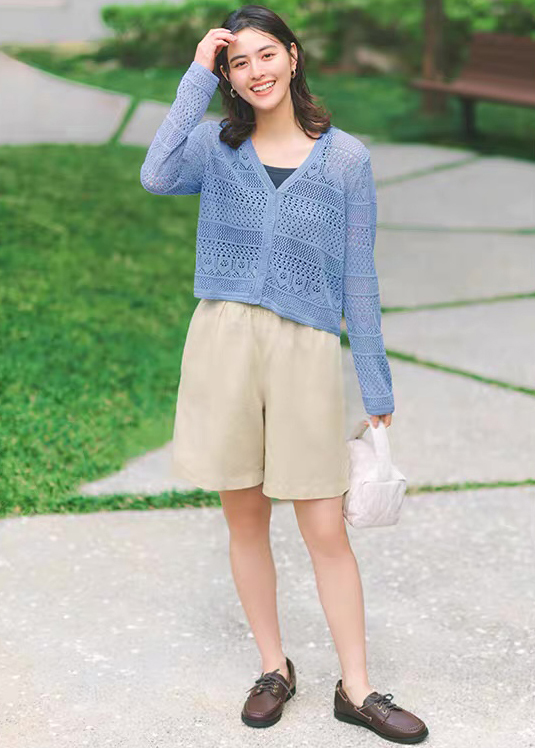 ODM OEM Sky Blue Openwork Crochet V-Neck Cardigan