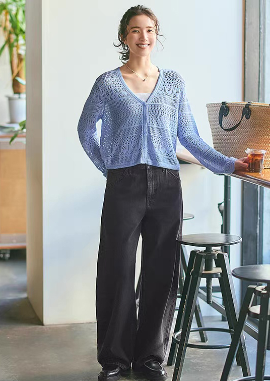 ODM OEM Sky Blue Openwork Crochet V-Neck Cardigan