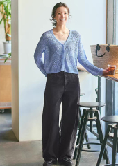 ODM OEM Sky Blue Openwork Crochet V-Neck Cardigan