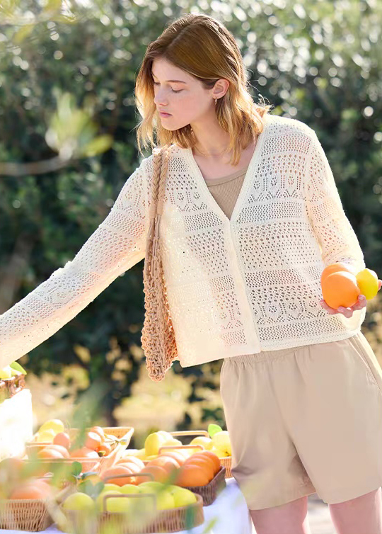 ODM OEM Sky Blue Openwork Crochet V-Neck Cardigan