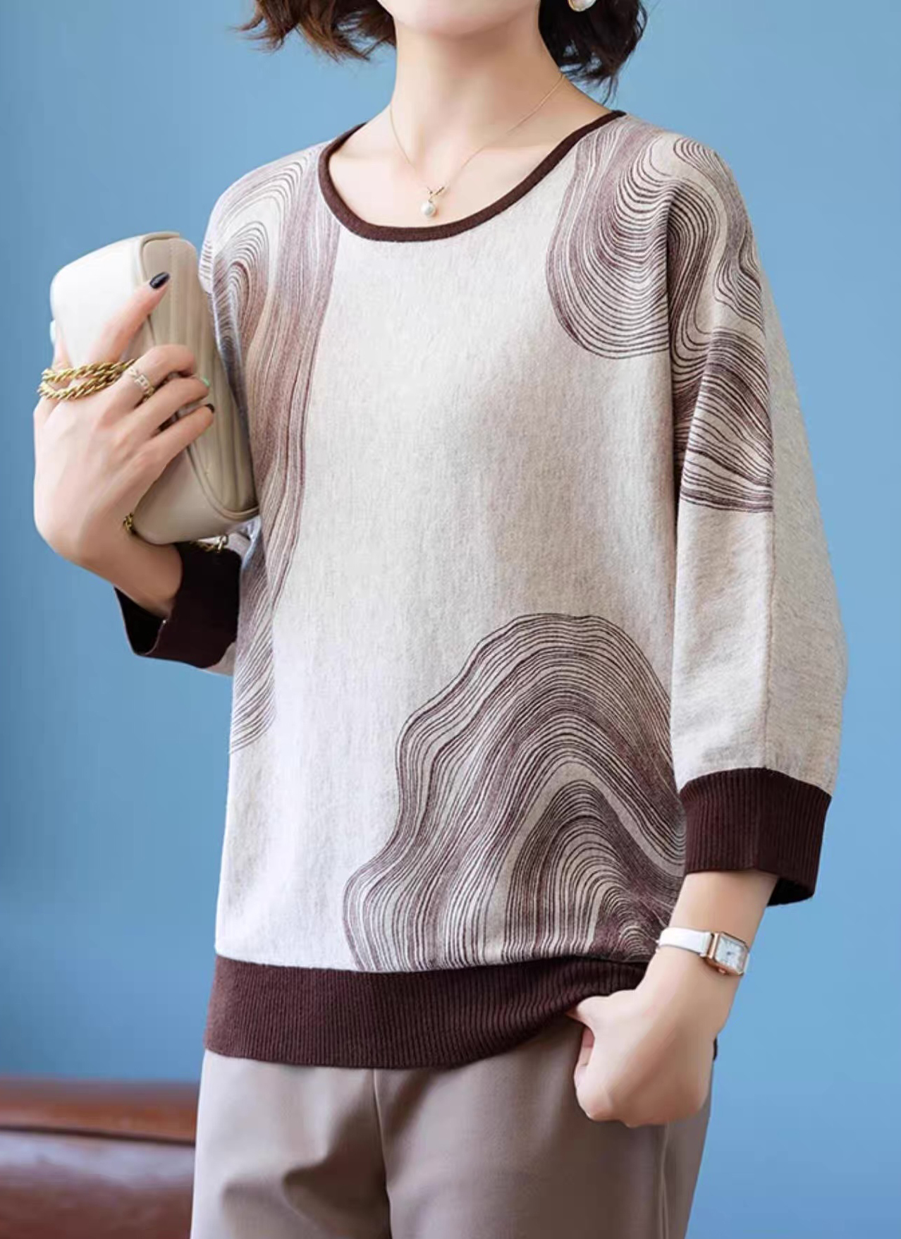Factory Direct Lavender Abstract Line Art Knit Pullover Sweater