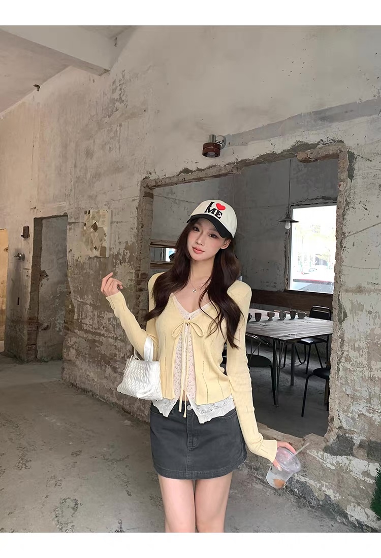 Personalized Butter Yellow Lace-Trim Tie-Front Knit Cardigan