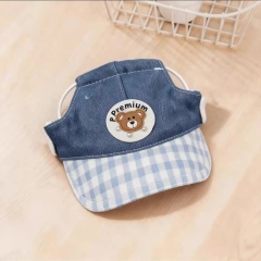 Made-to-order Cute Blue Plaid Bear Dog Harness Vest and Matching Cap Set
