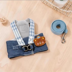 Made-to-order Cute Blue Plaid Bear Dog Harness Vest and Matching Cap Set