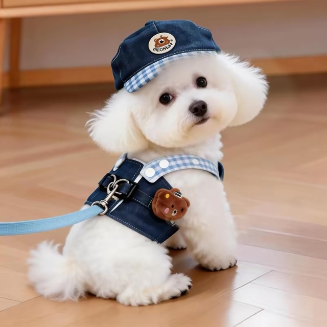 Made-to-order Cute Blue Plaid Bear Dog Harness Vest and Matching Cap Set