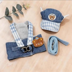 Made-to-order Cute Blue Plaid Bear Dog Harness Vest and Matching Cap Set