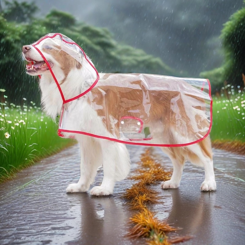 Wholesale Transparent Hooded Dog Raincoat with Reflective Pink Trim