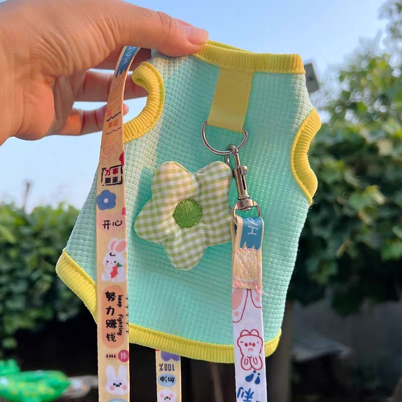 customized Pastel Gingham Pet Vest Harness with Flower Charm