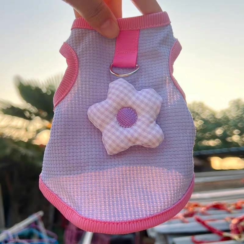 customized Pastel Gingham Pet Vest Harness with Flower Charm