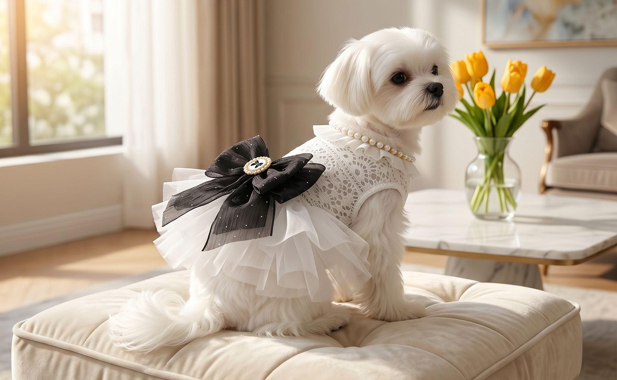 Factory Direct White Lace Tulle Dog Dress with Black Bow